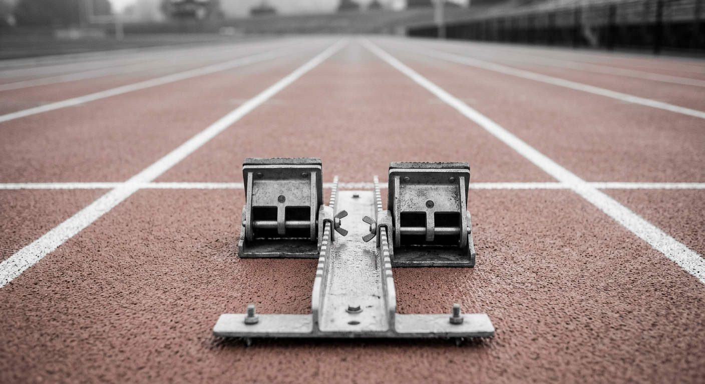 Blocs de depart sur une piste d'athletisme au petit matin