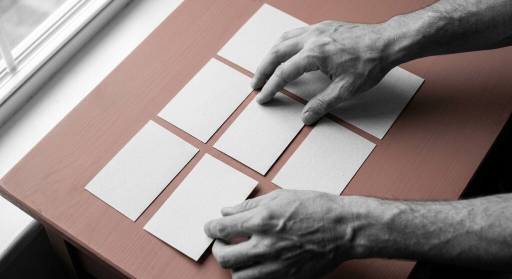 Deux mains ordonnant sept cartes sur une table