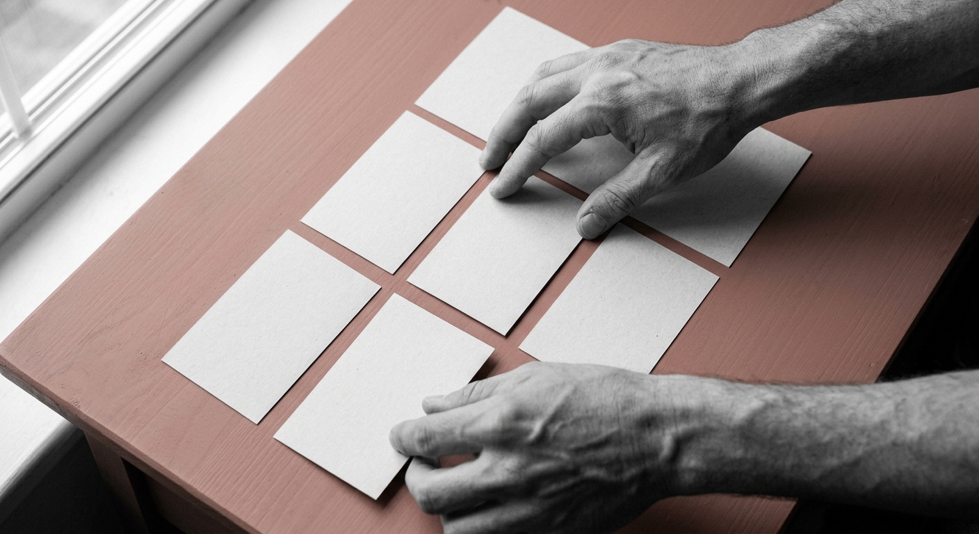 Deux mains ordonnant sept cartes sur une table