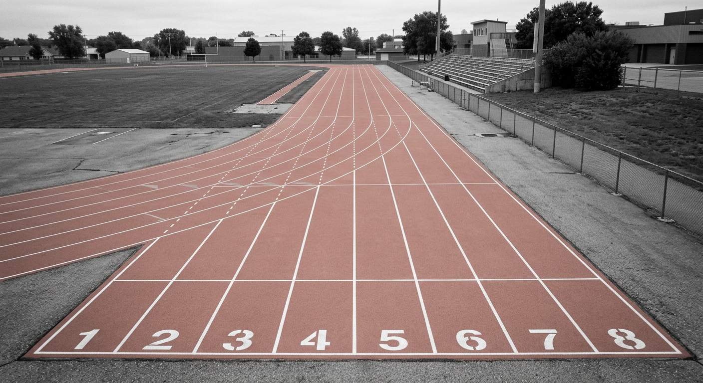 Couloirs numérotés d'une piste d'athlétisme vus du dessus
