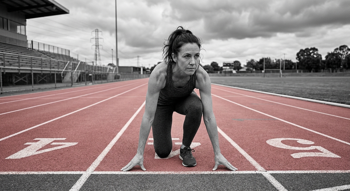 Dirigeante en position de depart sur une piste d'athletisme