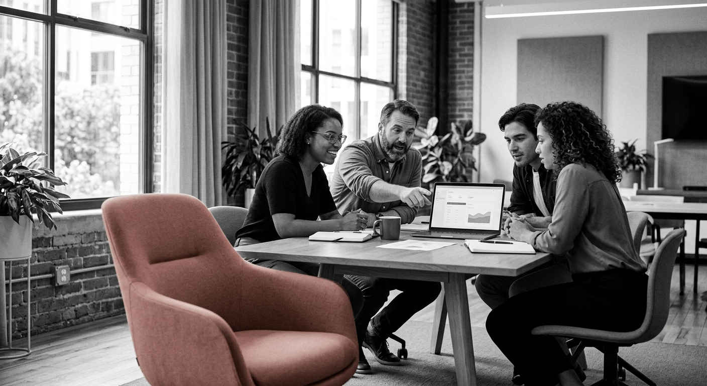 Equipe reunie autour d'un ecran lors d'une session de travail