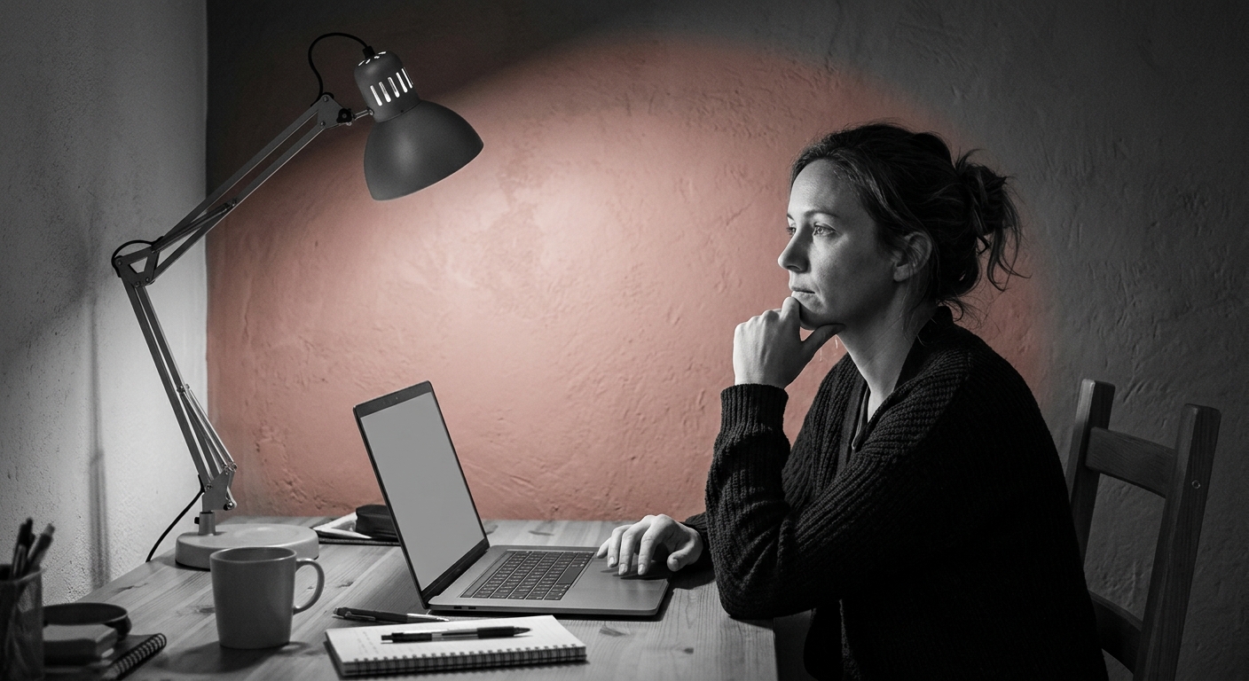 Indépendante seule à son bureau le soir, en réflexion