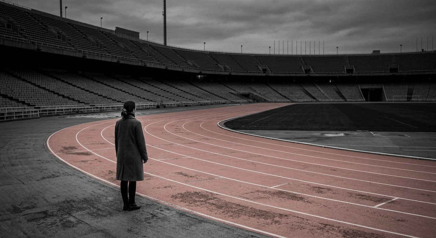 Silhouette seule au bord d'une piste de stade au crépuscule