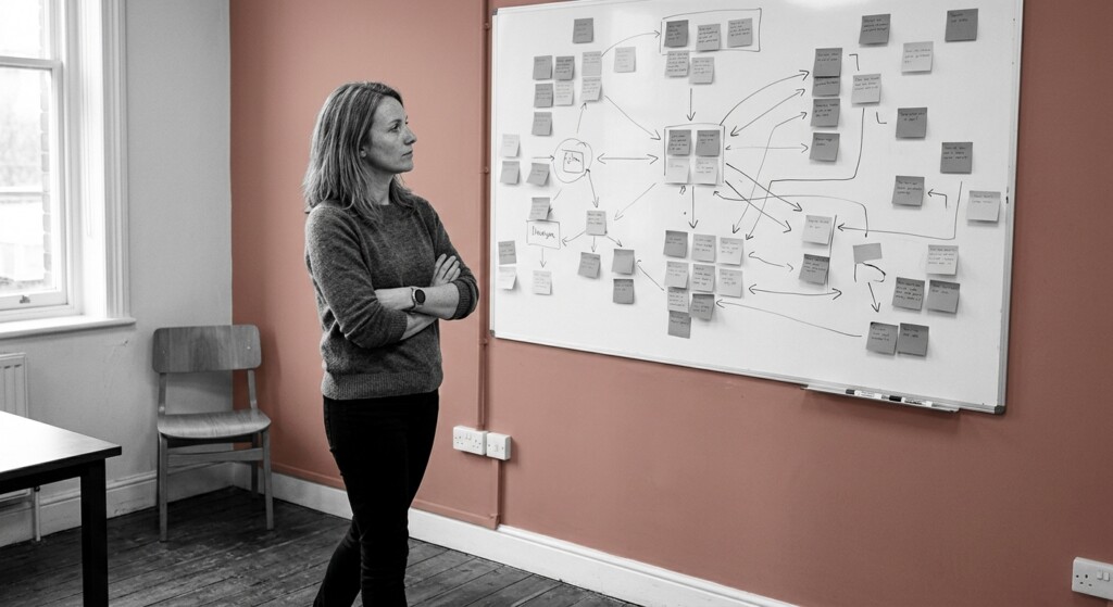 Dirigeante prenant du recul devant un tableau couvert de notes