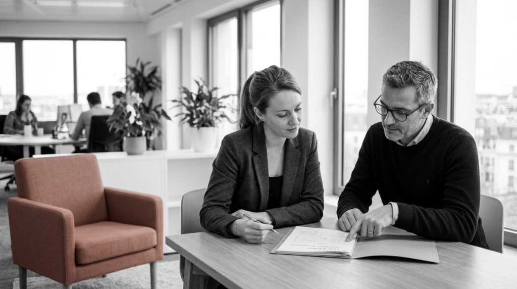 Conseillère en formation et dirigeant de PME examinant ensemble un dossier de financement de formation numérique