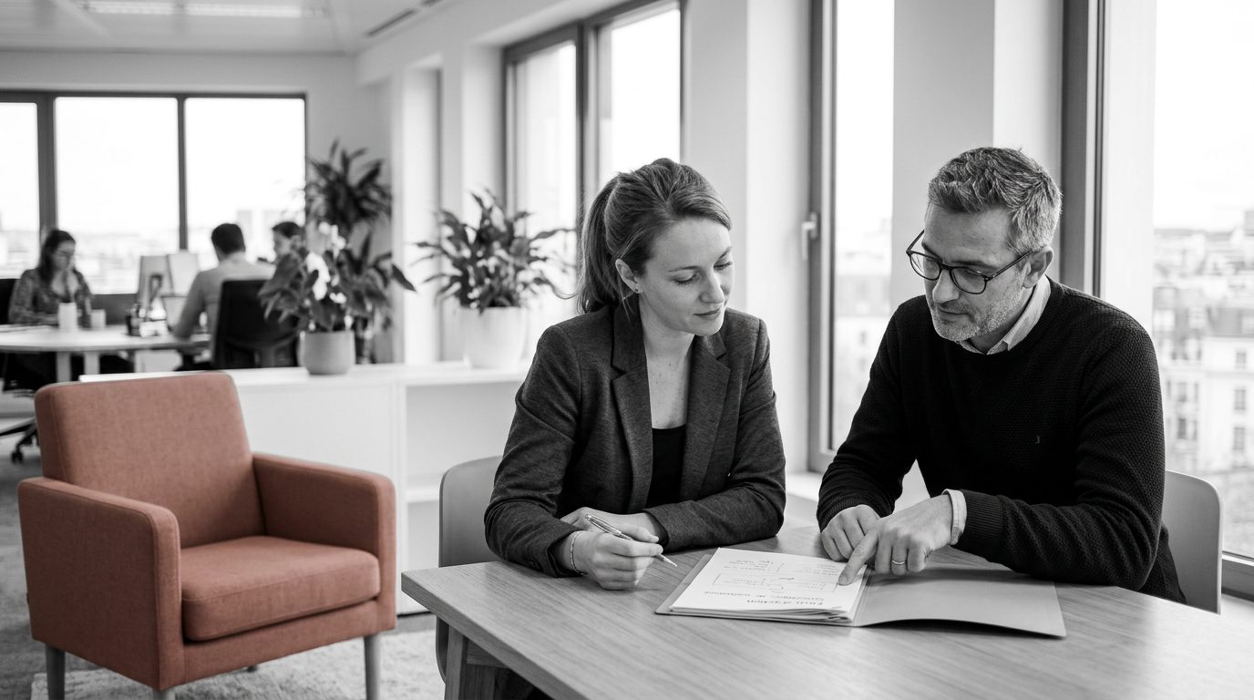 Conseillère en formation et dirigeant de PME examinant ensemble un dossier de financement de formation numérique