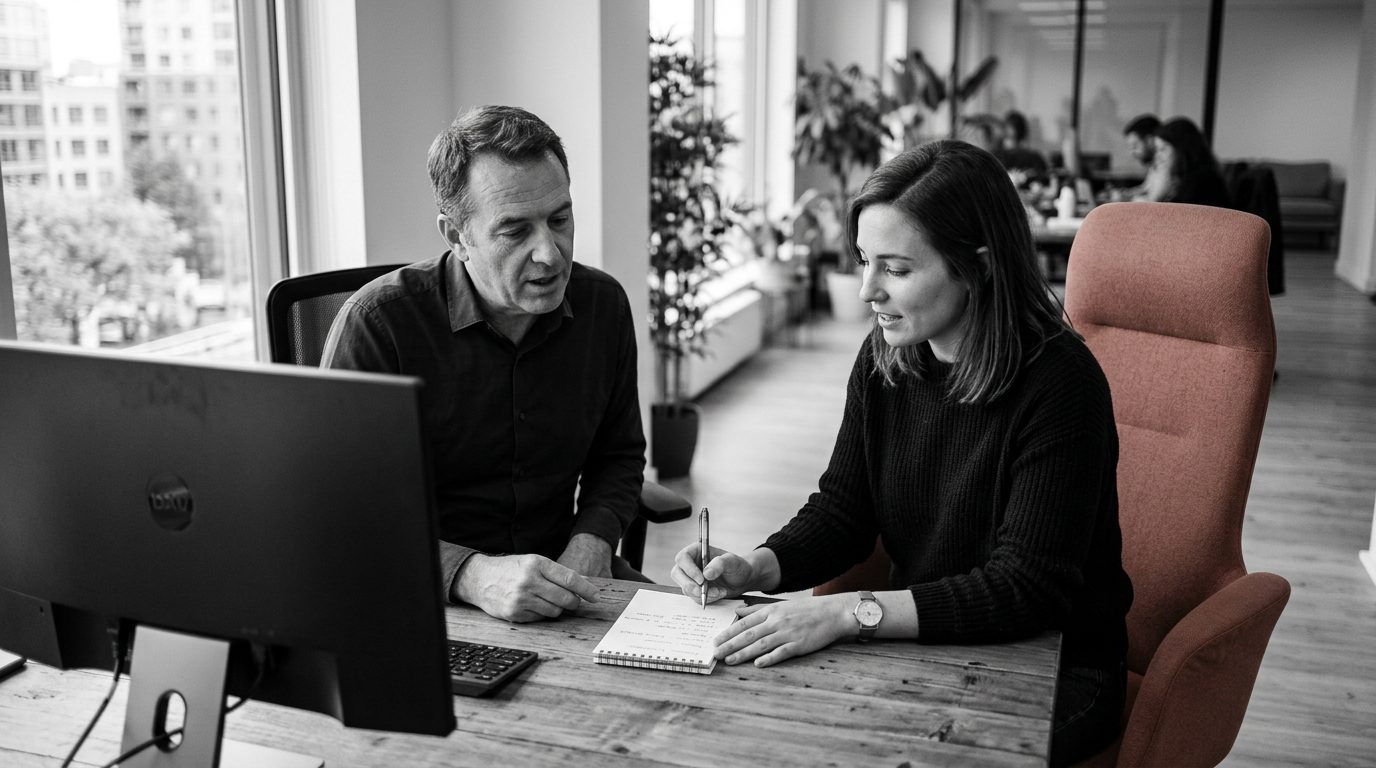 Consultante et dirigeant analysant ensemble les indicateurs de visibilité en ligne de l'entreprise