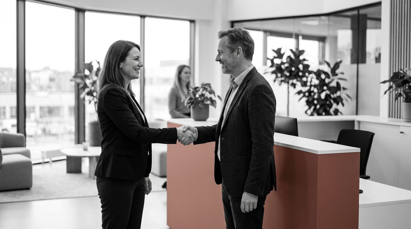 Dirigeante et client satisfait se serrant la main à la fin d'un rendez-vous dans les bureaux de l'entreprise