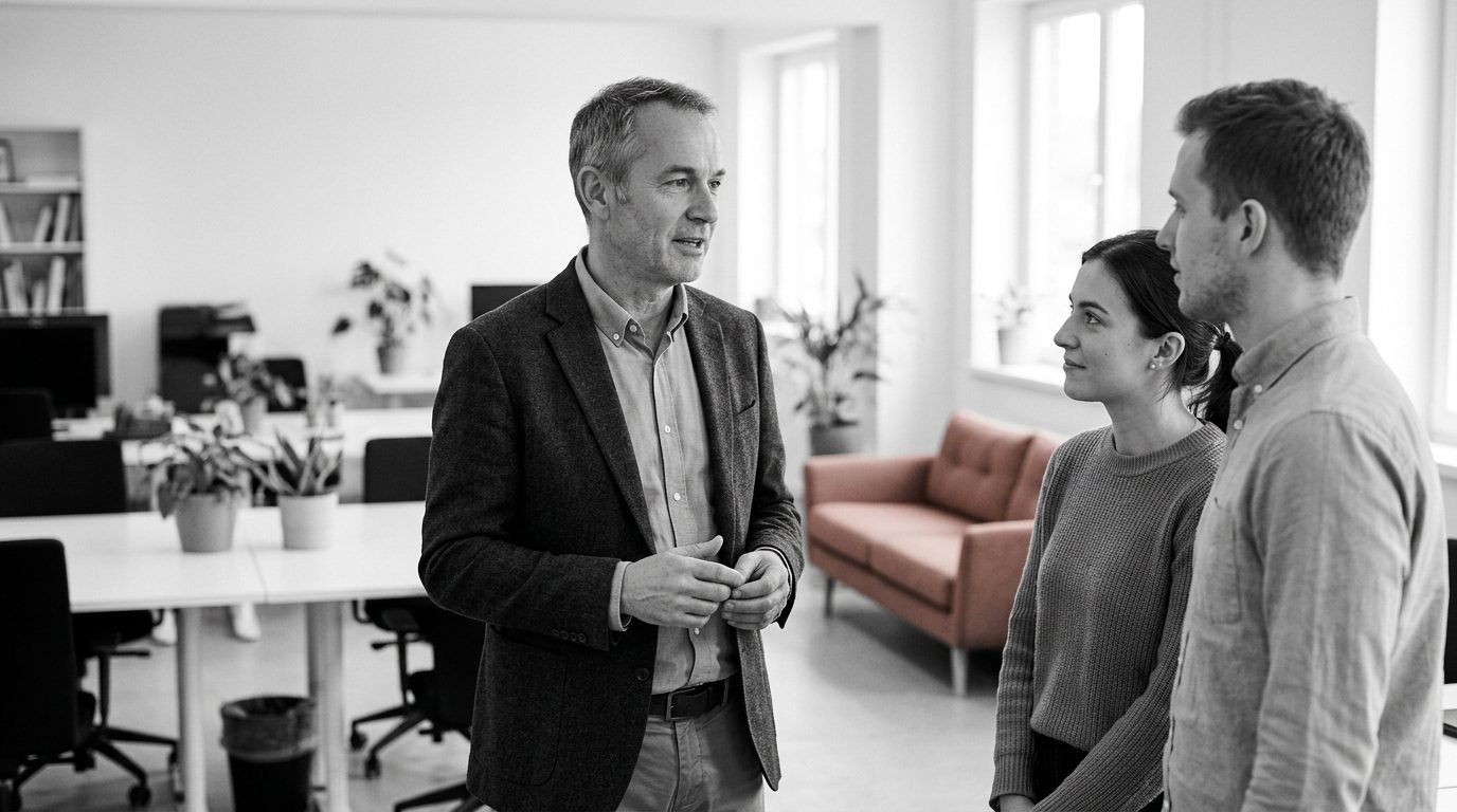 Dirigeant de PME prenant la parole devant deux membres de son équipe dans ses locaux