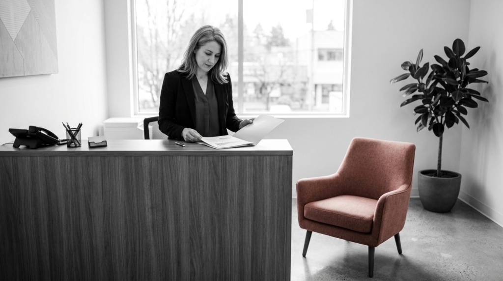 Dirigeant de TPE ou PME consultant ses documents dans un bureau lumineux, fauteuil d’accueil terracotta