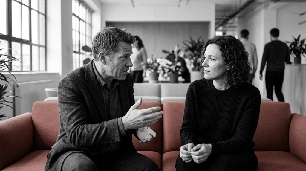 Deux collègues en pleine conversation dans un espace de bureau, photographie noir et blanc avec un canapé terracotta