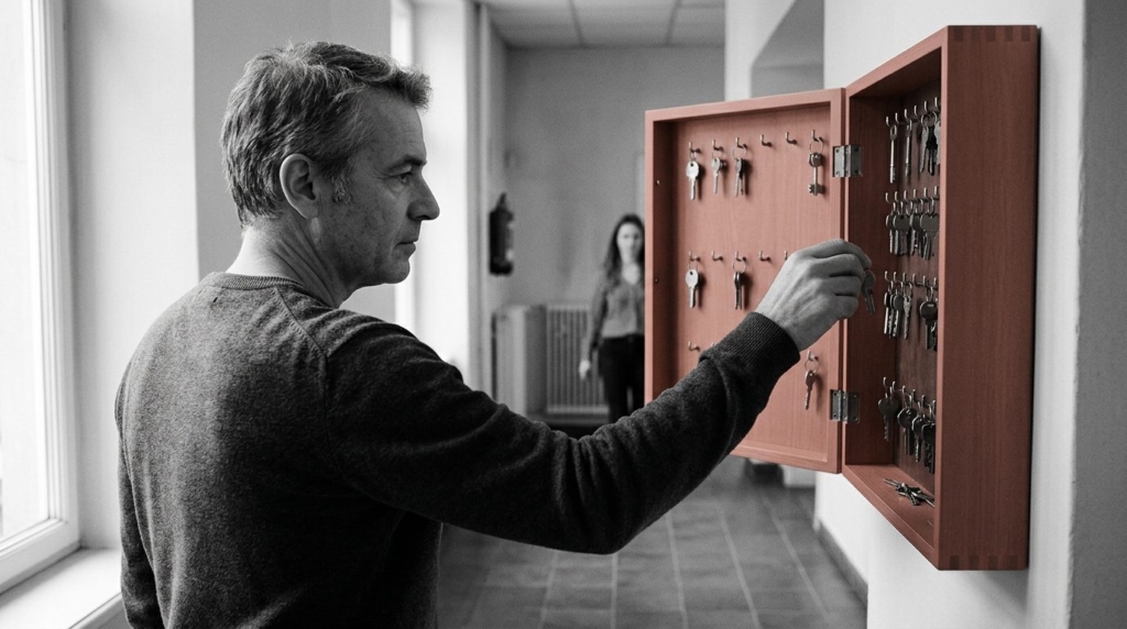 Un salarié examine les clés d'une armoire murale, image de l'inventaire des accès ouverts par un compte IA partagé