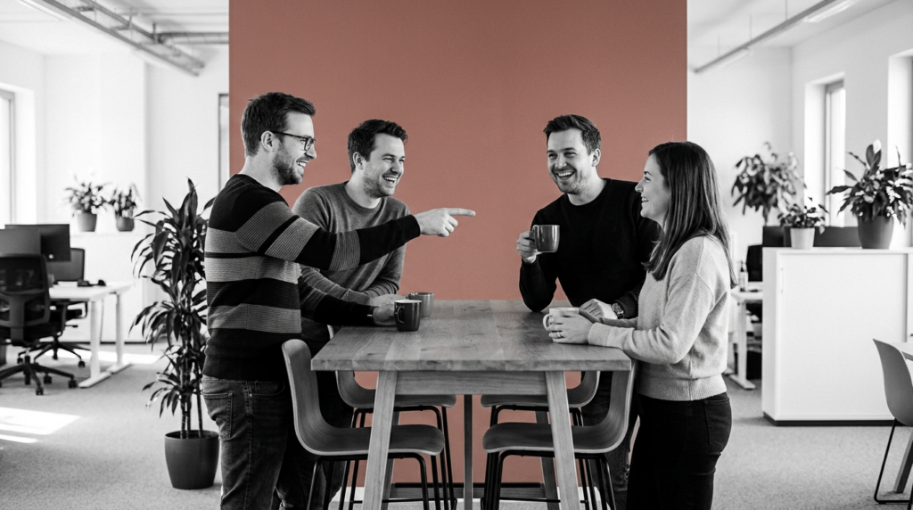 Quatre collègues réunis autour d'une table haute pour partager leurs pratiques